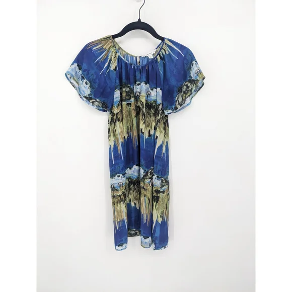 & Other Stories Dress Womens 4 Blue Horses Landscape Printed Boho Art Western - Picture 2 of 12